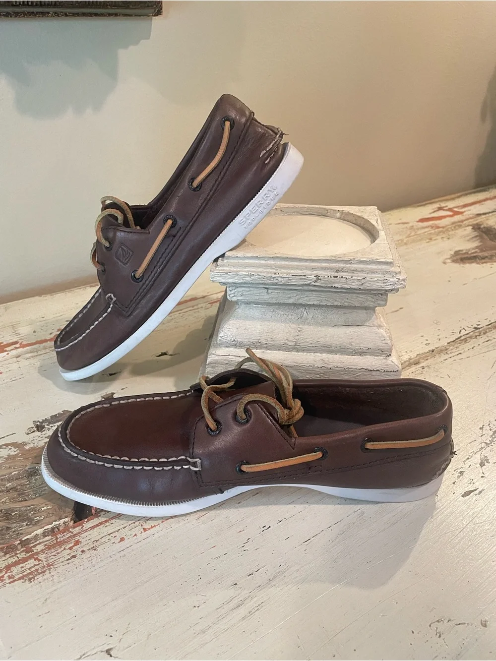 Sperry Dark Brown Leather Boat Shoes with Tan Laces